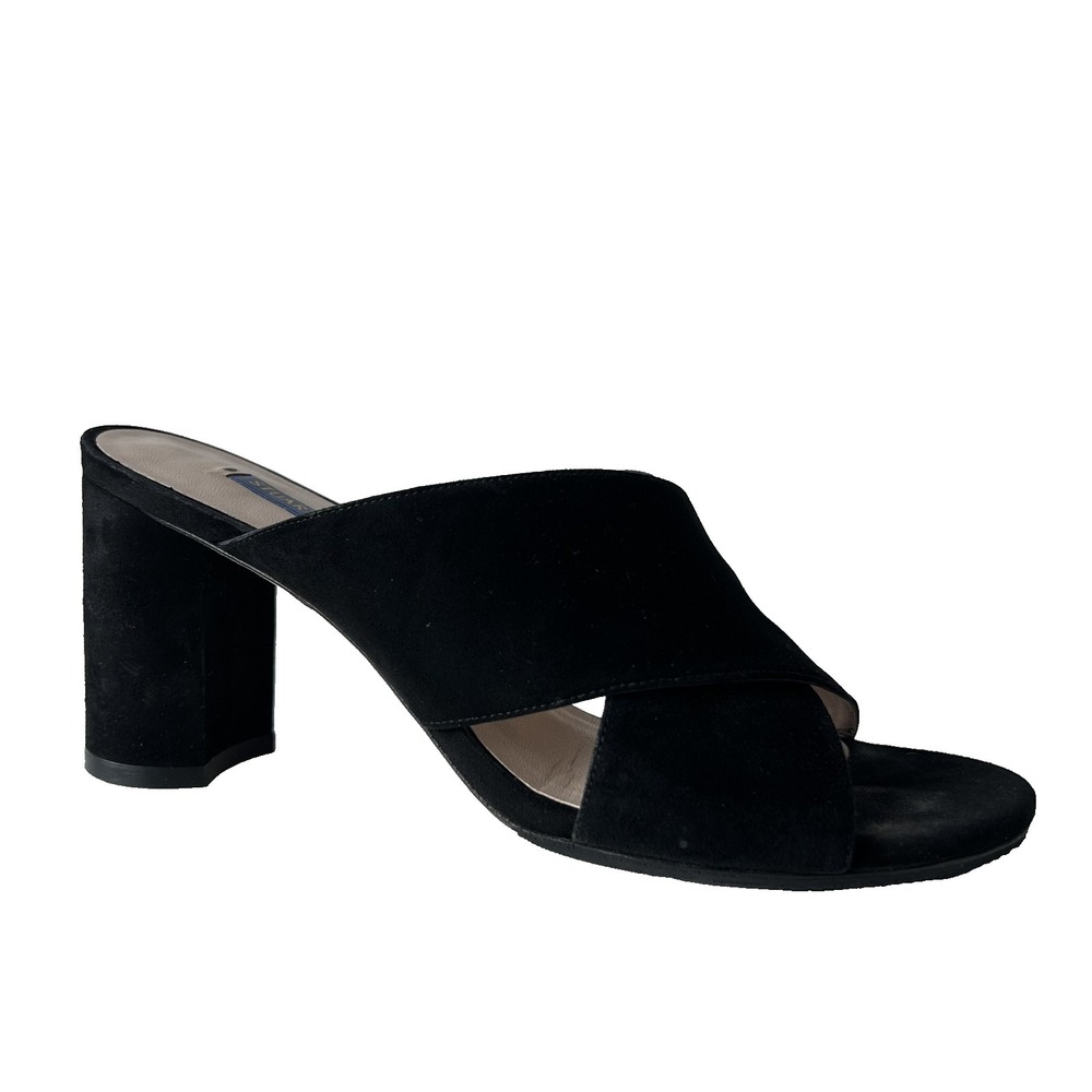 Stuart Weitzman Womens Size 7 Black Suede Block Heel Mule Open Toe Sandal Slides